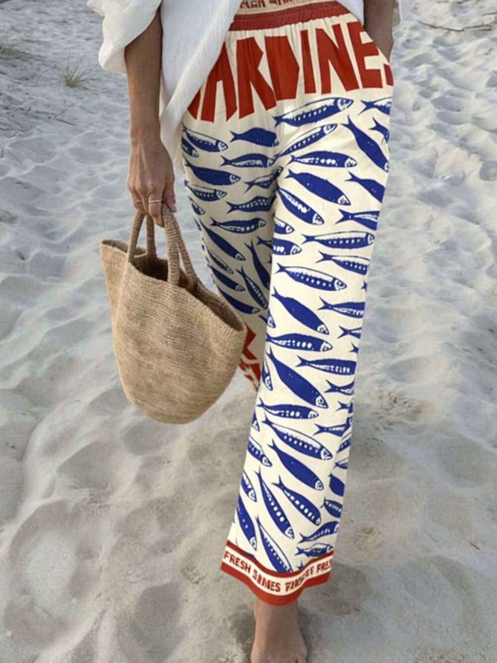 Multicolor Casual Women's Starfish Sardine Letter Print Loose Fit Long Pants - Picture 5 of 5